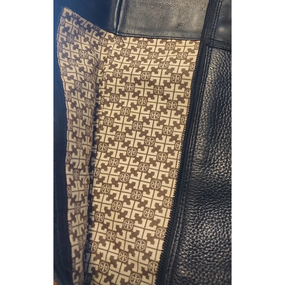 TORY BURCH Julian Black Leather Riding Boots Size 6.5 Gold Emblem EUC‎